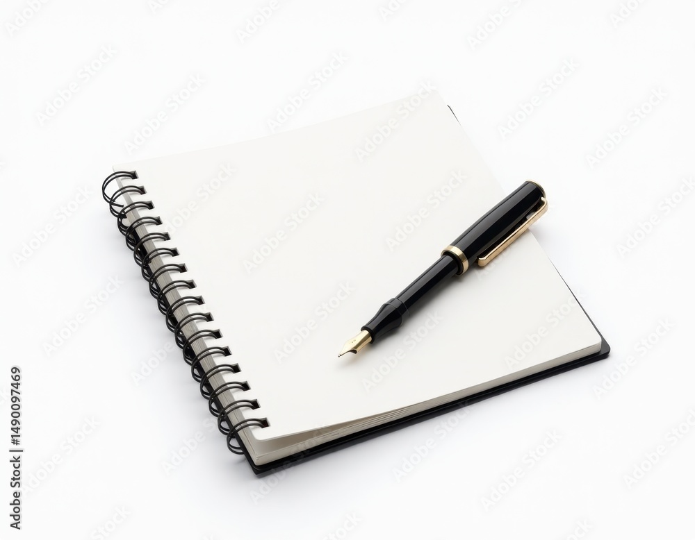 Blank Spiral Notebook with Fountain Pen on White Background Blank Spiral Notebook with Fountain Pen on White Background