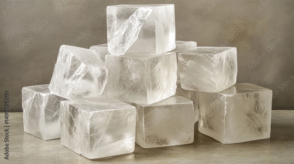Clear quartz crystal cubes on table. Interior design, home decor Clear quartz crystal cubes on table. Interior design, home decor