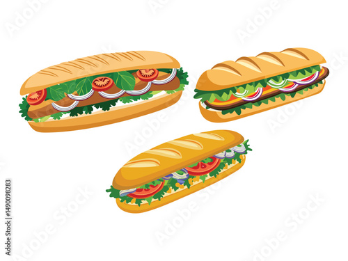 vector illustration of a vietnamese food Bánh Mì (Vietnamese Baguette Sandwich with Pickled Vegetables, Meat, and Herbs)