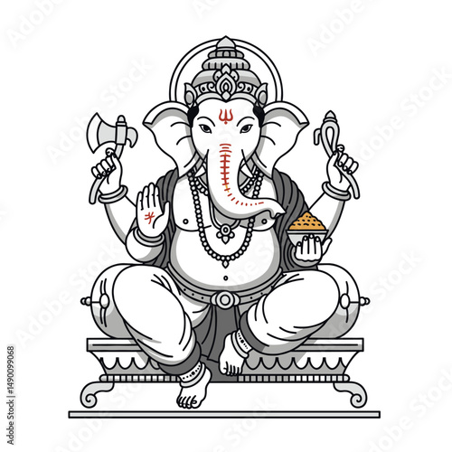 Multiple representations of Ganesha sitting cross-legged, holding symbolic items like modaks, lotuses, and weapons.