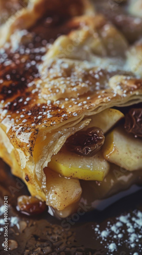 Vertical close-up of Apfelstrudel, showcasing flaky pastry, apple slices, cinnamon, raisins, and vanilla sauce