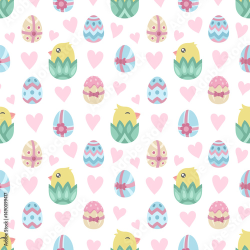 Seamless pattern with easter eggs and chicks