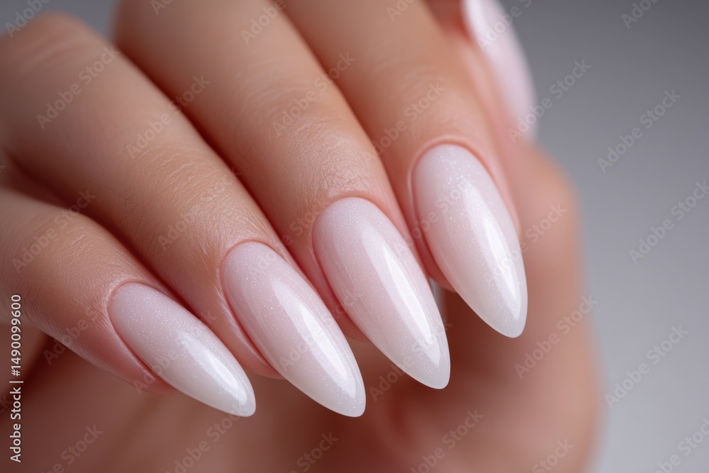Close-up of a hand with elegant long white manicured nails, reflecting light, showcasing beauty, style and meticulous nail care for women, perfect salon design. Close-up of a hand with elegant long white manicured nails, reflecting light, showcasing beauty, style and meticulous nail care for women, perfect salon design.