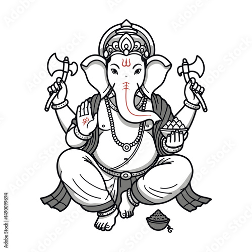 Multiple representations of Ganesha sitting cross-legged, holding symbolic items like modaks, lotuses, and weapons.
