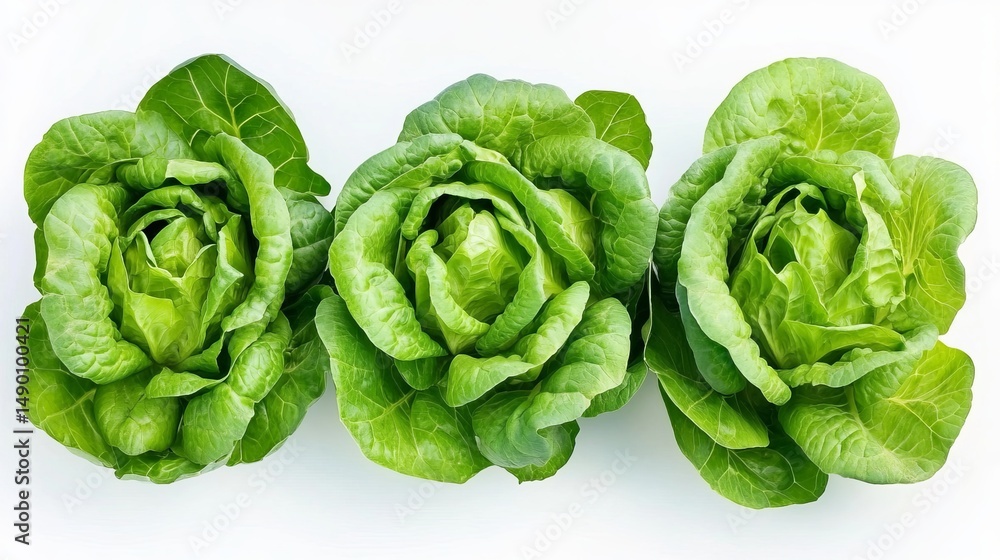 Fototapeta premium Three fresh green butterhead lettuce heads isolated on white background food diet farm crop salad