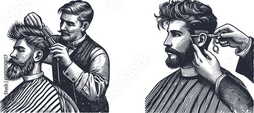 Vintage Woodcut Design of a Barber Pausing Mid-Trim – Classic Engraving Style Illustration for Barbershop or Retro Art Decor