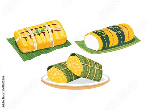 vector illustration of a vietnamese food Chuối Nếp Nướng (Grilled Banana Wrapped in Sticky Rice)