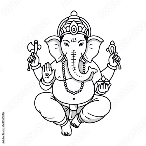 Multiple representations of Ganesha sitting cross-legged, holding symbolic items like modaks, lotuses, and weapons.