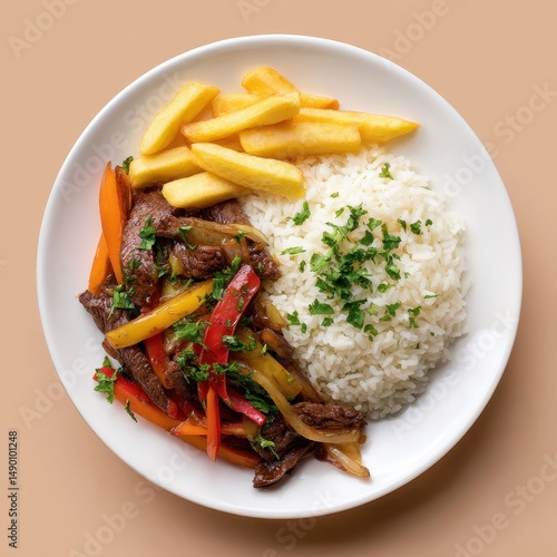 Delicious Beef Lomo Saltado with Fries and Rice Plated Beautifully