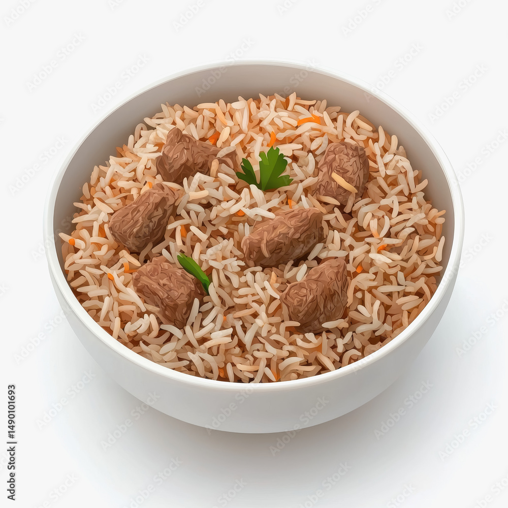 Aerial view of a flavorful indian biryani rice dish served with tender meat and fragrant spices in a bowl Aerial view of a flavorful indian biryani rice dish served with tender meat and fragrant spices in a bowl