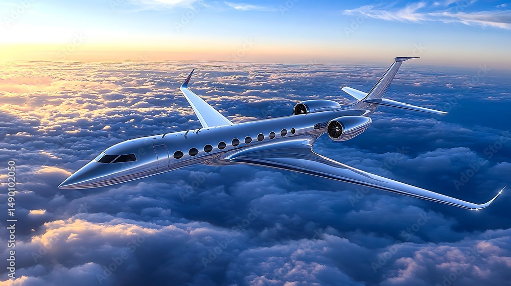 Naklejka premium Luxury Private Jet Soaring Above Clouds at Sunset