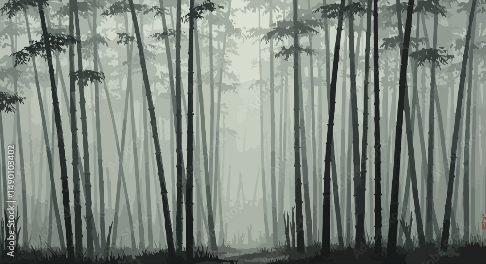 Obraz premium A serene depiction of a dense bamboo forest shrouded in morning mist. The tall stalks are drawn with elegant vertical brush strokes, conveying calm and quiet growth. 