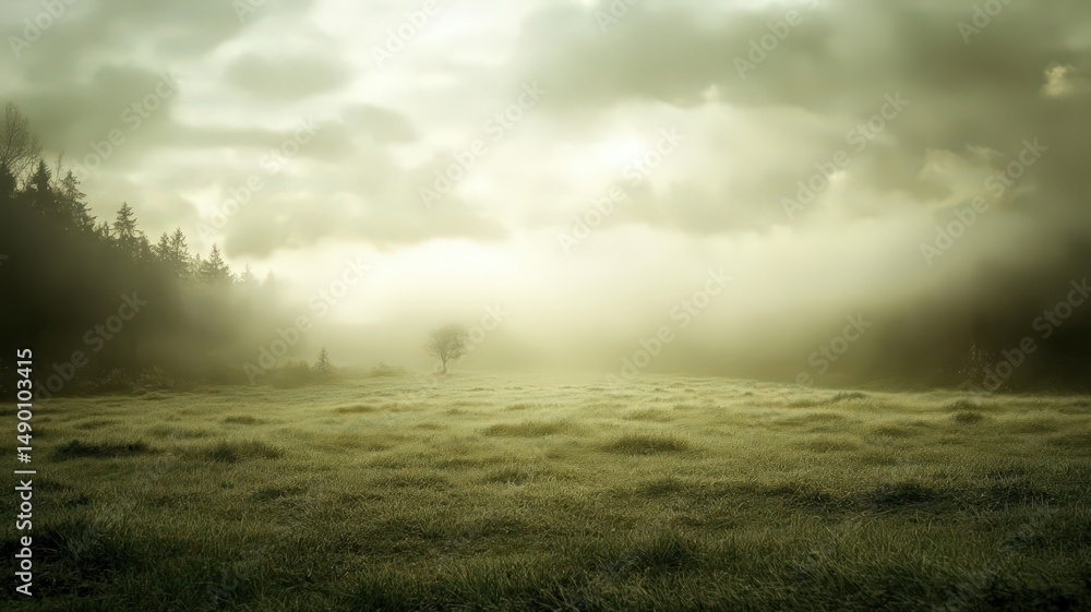 Fototapeta premium Solitary Tree in a Vast Green Field Under a Gentle Cloudy Sky