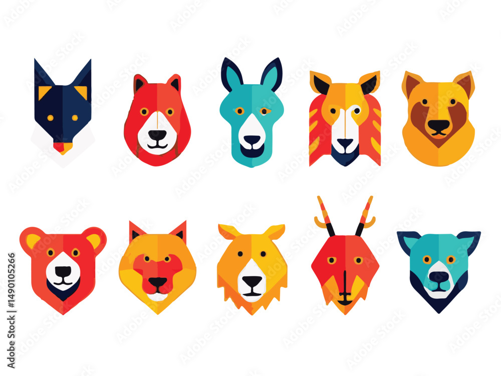 Obraz premium Set of Geometric Animal Head Icons – Colorful Low Poly Style Vector Illustrations