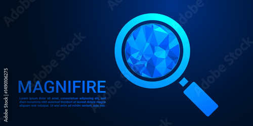 Magnifying 3D glass and search icon. Low poly Magnifire design. Wireframe light connection structure. Modern 3d graphic lowpoly design