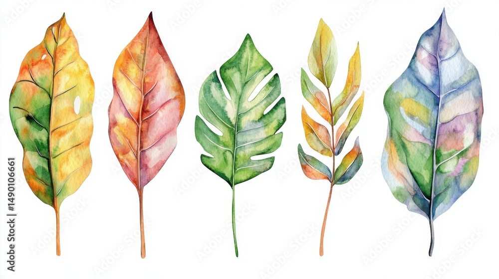 Fototapeta premium This beautiful watercolor illustration features colorful leaves with various shapes and textures, perfect for nature-themed projects, home decor, or creative designs.
