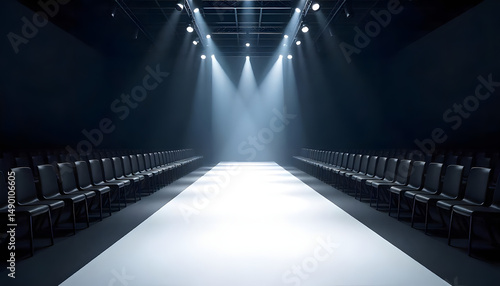 A dramatic fashion runway illuminated by spotlights, awaiting models and the audience.