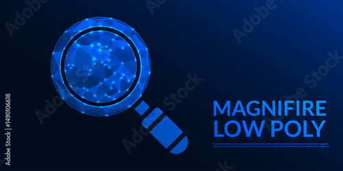 Magnifying 3D glass and search icon. Low poly Magnifire design. Wireframe light connection structure. Modern 3d graphic lowpoly design