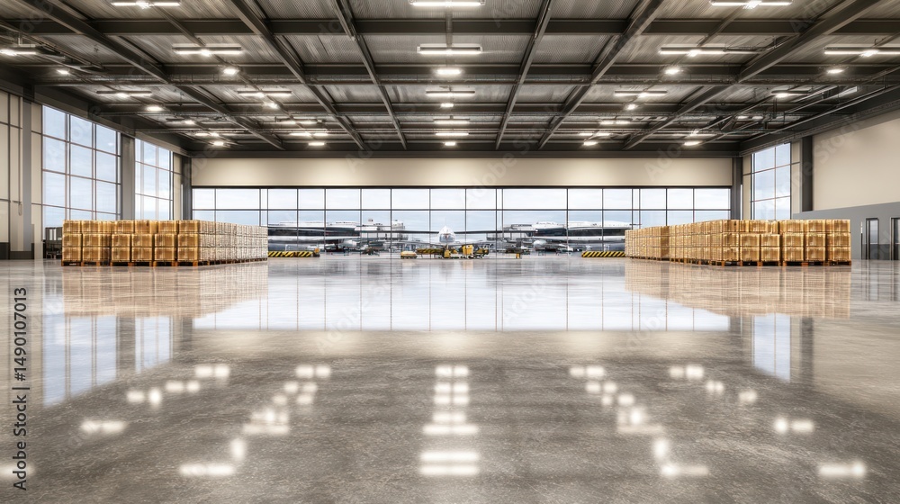 Warehouse interior, pallets, spacious, bright, loading dock Warehouse interior, pallets, spacious, bright, loading dock