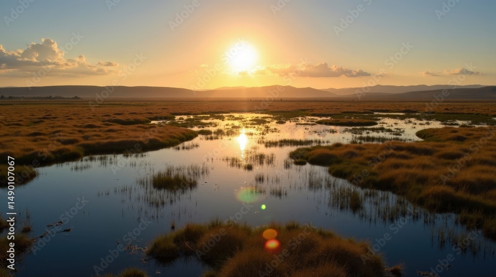 Fototapeta premium Sunlit wetland (La Nava) seen from above at dawn, with calm waters and green marshes glowing under the morning sky.