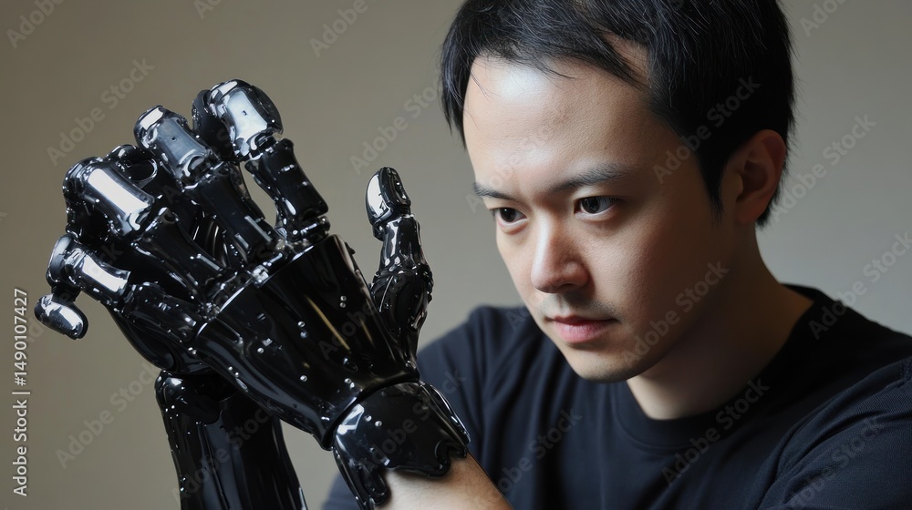 Naklejka premium Close up of man examining detailed black robotic hand advanced technology concept