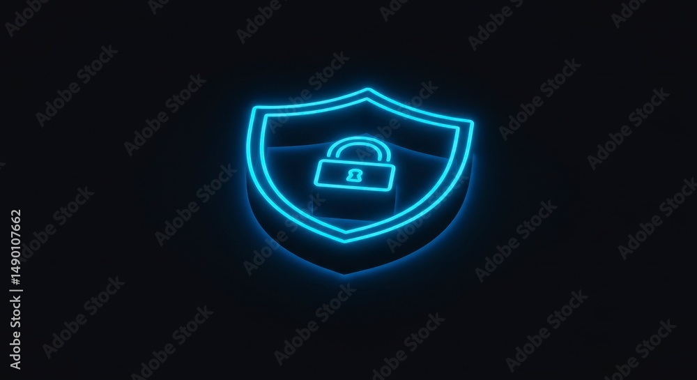 Neon blue shield graphic with padlock Neon blue shield graphic with padlock