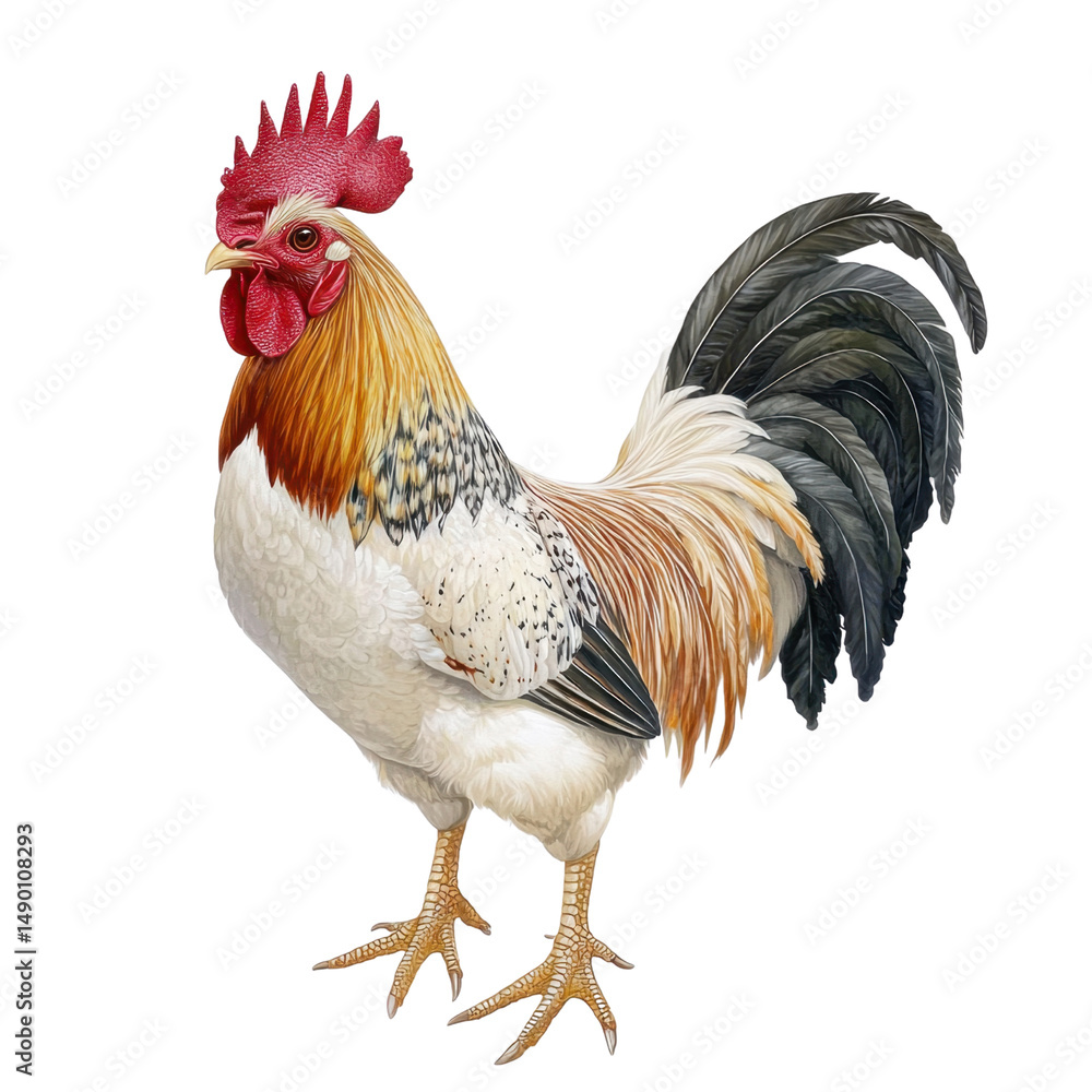 Fototapeta premium Colorful Rooster Standing Proudly on a Farm, Showcasing Vibrant Feathers and Unique Personality in a Natural Setting, Symbol of Agriculture and Rural Life