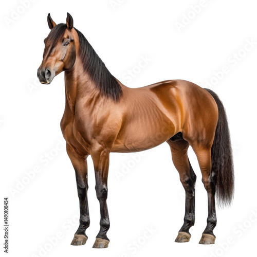 Majestic brown horse standing elegantly with a glossy coat in a well-lit studio, showcasing strong muscles and a noble stance, perfect for equine photography