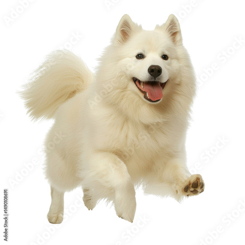 Joyful and Playful White Samoyed Dog Running Happily in an Outdoor Setting with Bright Expression and Fluffy Fur Against a Soft Background