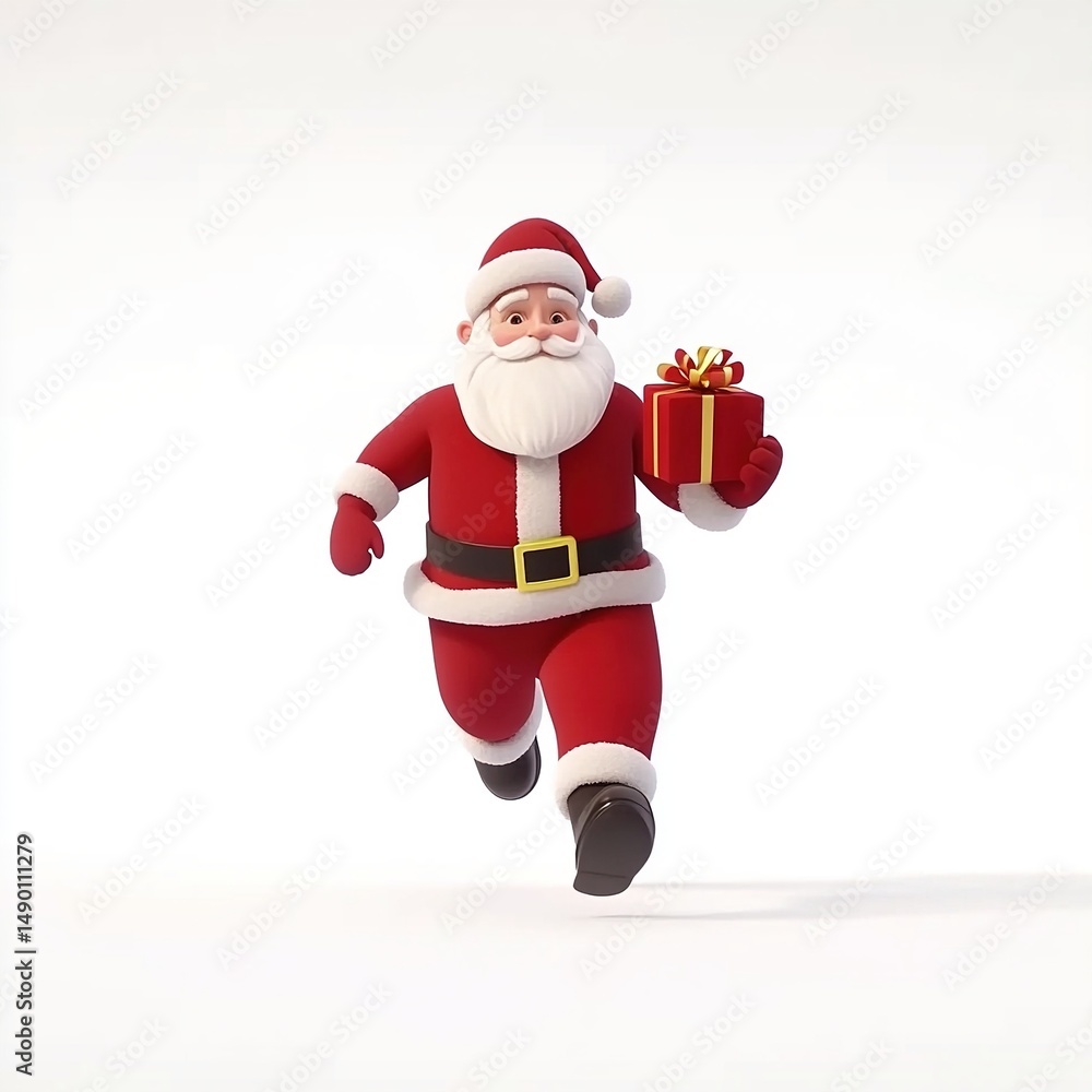 A running cartoon shape Santa Claus with gift on santas hand isolated on a white background A running cartoon shape Santa Claus with gift on santas hand isolated on a white background