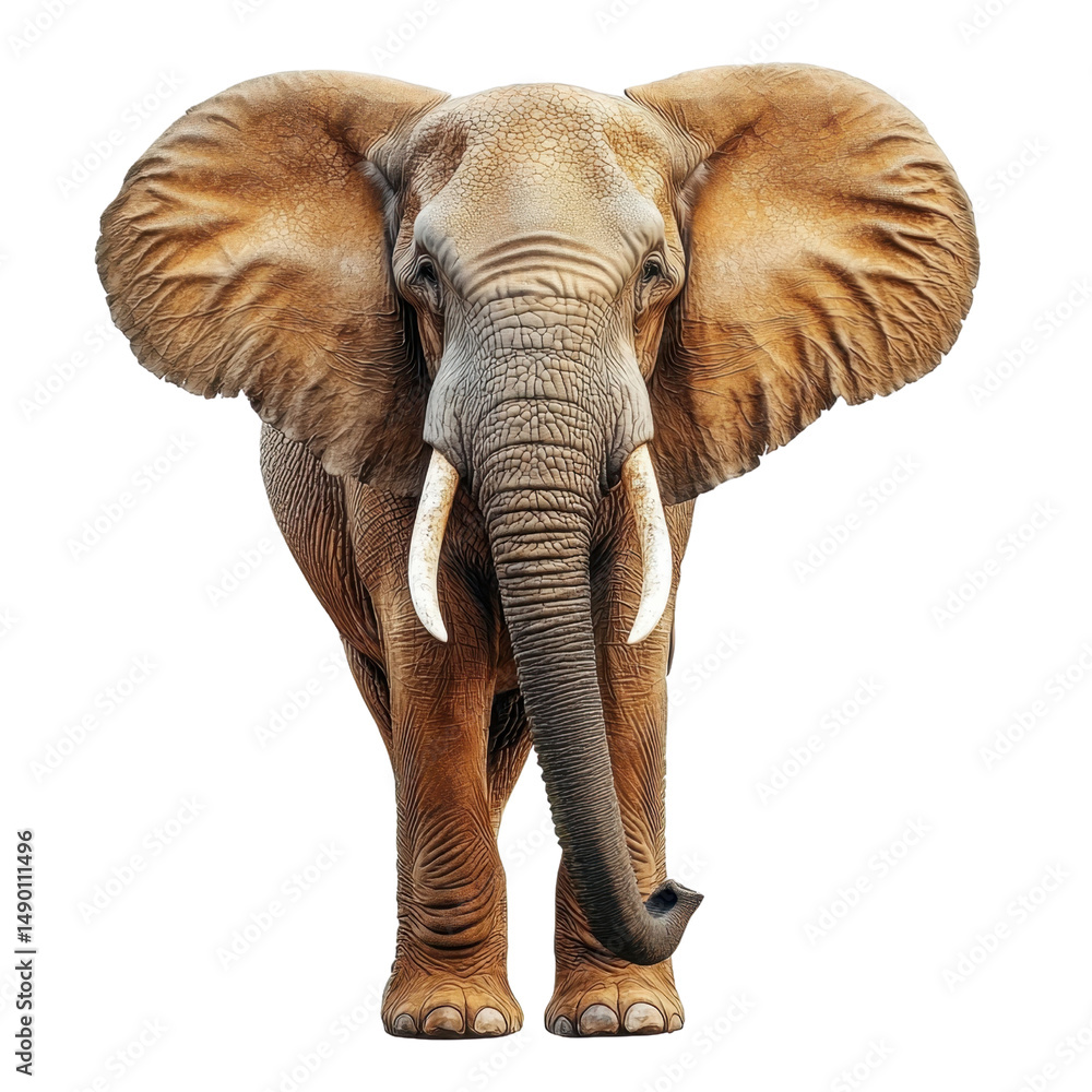 Fototapeta premium Majestic African elephant standing proud in vibrant natural habitat showcasing large ears, long trunk, and impressive tusks, symbol of wildlife conservation.