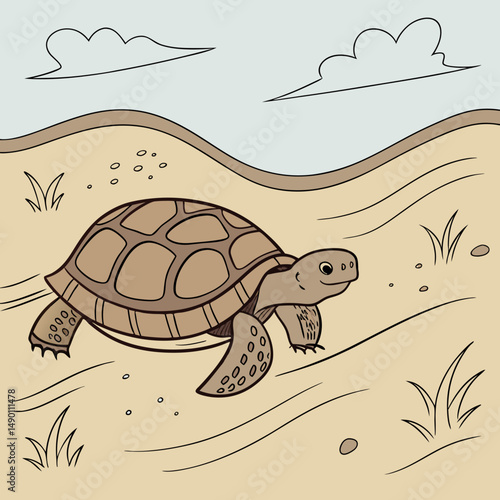 Tortoise walking slowly on a sandy surface, showcasing nature and wildlife in a calm, outdoor setting.
