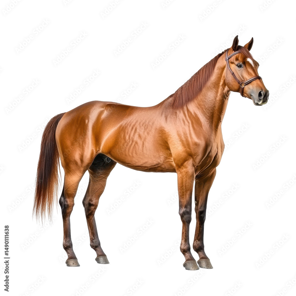Obraz premium Beautiful Chestnut Horse Standing Proudly in Studio, Captivating Warm Tones and Shiny Coat, Perfect for Equestrian and Animal-Themed Projects