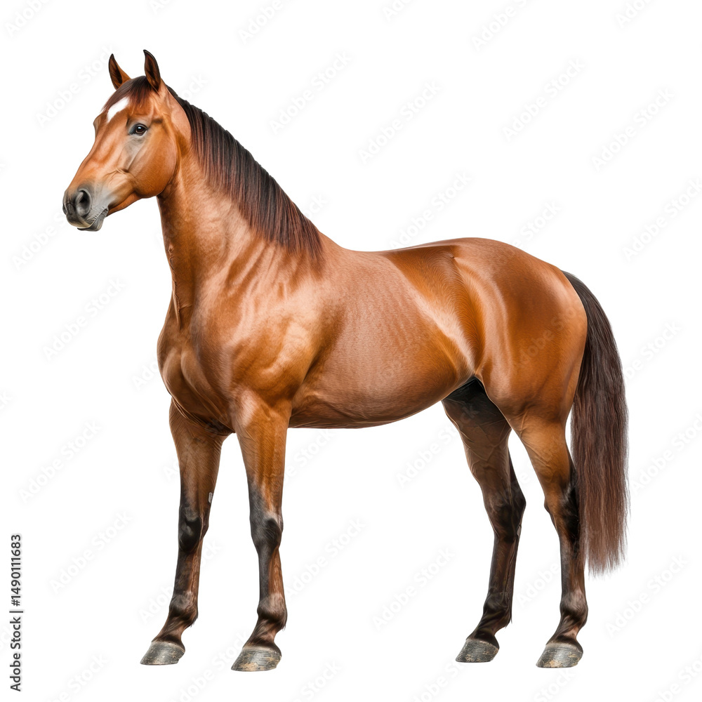 Obraz premium Majestic brown horse standing gracefully against a white background, showcasing powerful physique and shiny coat, perfect for equine-themed projects or publications.