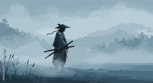 A lone samurai standing quietly in the mist, sword sheathed, with a calm and determined presence. Rendered in expressive yet minimal brush strokes