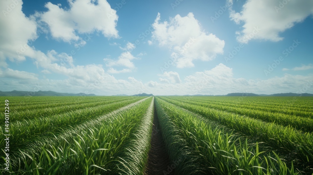 Naklejka premium Lush sugarcane field, sunny day, hills background, agriculture