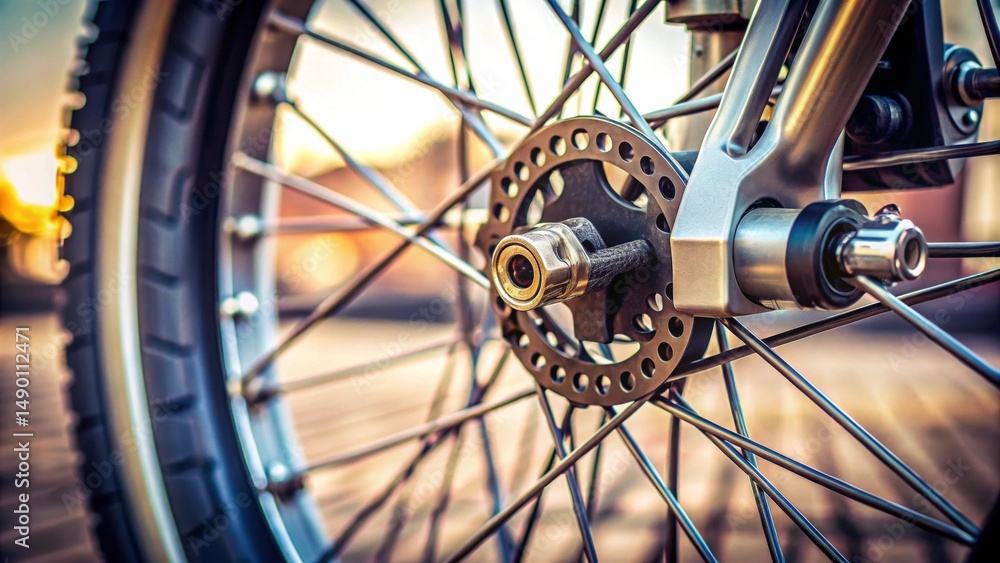 Fototapeta premium Close-up Detail of a Bicycle Wheel Hub and Spoke System at Sunset