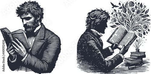 Vintage Woodcut Style Illustration – A Poet Reading Their First Poem – Retro Engraving Design, Literary Theme, Classic Artistic Scene, Antique Etching Look
