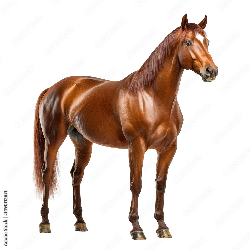 Naklejka premium Majestic brown horse standing gracefully against a white background showcasing its smooth coat and strong physique, perfect for equine-related projects and designs.
