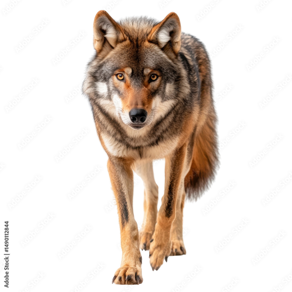 Fototapeta premium Majestic wolf walking confidently in natural setting, showcasing powerful physique and expressive eyes, embodying the spirit of wilderness and freedom