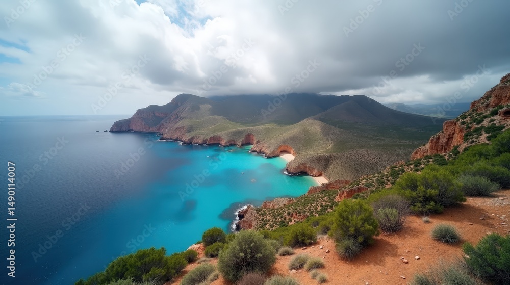 Fototapeta premium Cloudy skies cast soft shadows over the Cabrera Archipelago, seen in panoramic perspective at midday.
