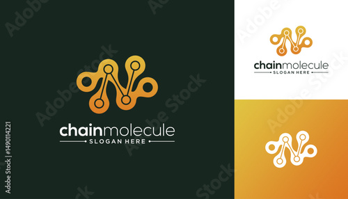 Letter N with link chain and molecule vector design inspiration. Dot connection logo template.