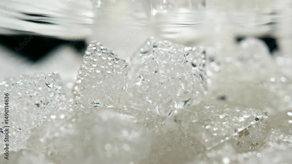 Close-up of clear ice cubes with small water droplets, creating a refreshing and textured abstract background in bright white light Close-up of clear ice cubes with small water droplets, creating a refreshing and textured abstract background in bright white light