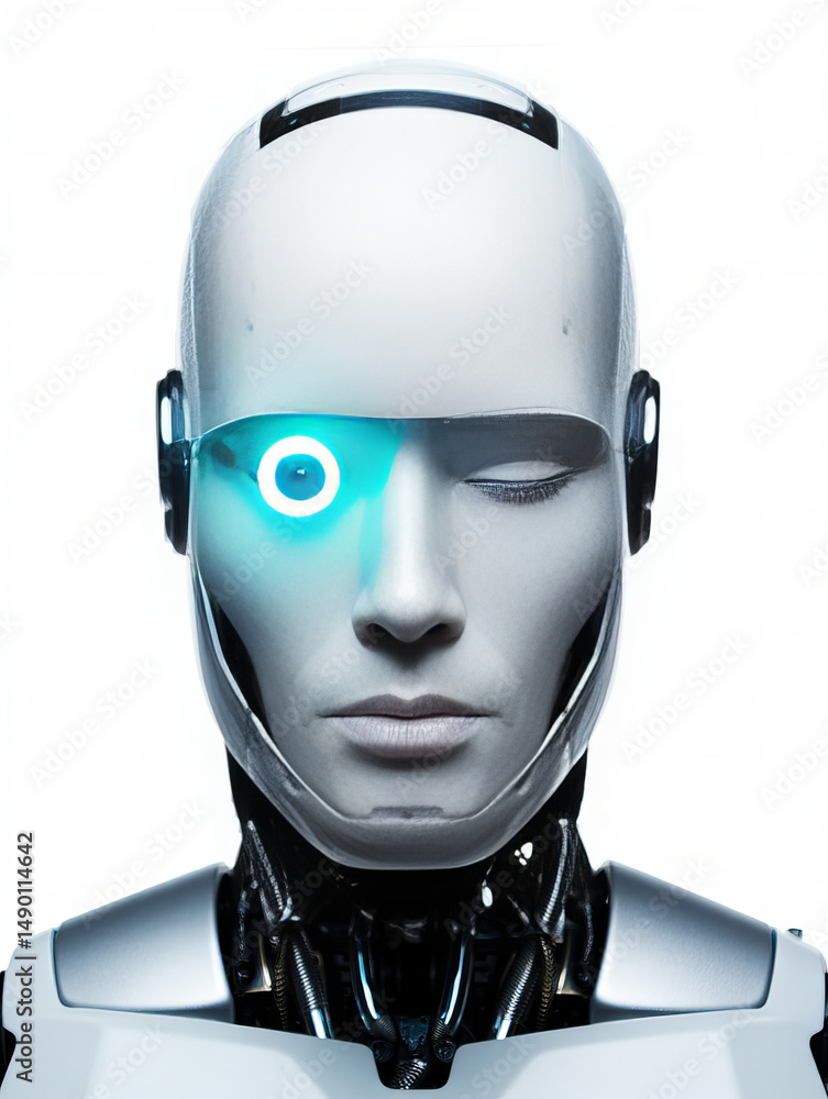 High-Tech White Humanoid Android Robot Head with Illuminated Blue Cybernetic Eye in Futuristic AI Concept High-Tech White Humanoid Android Robot Head with Illuminated Blue Cybernetic Eye in Futuristic AI Concept