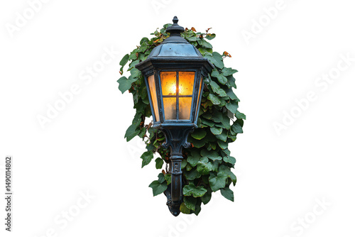 A vintage wall lantern glowing warmly, surrounded by lush green leaves and vines, isolated on a transparent background