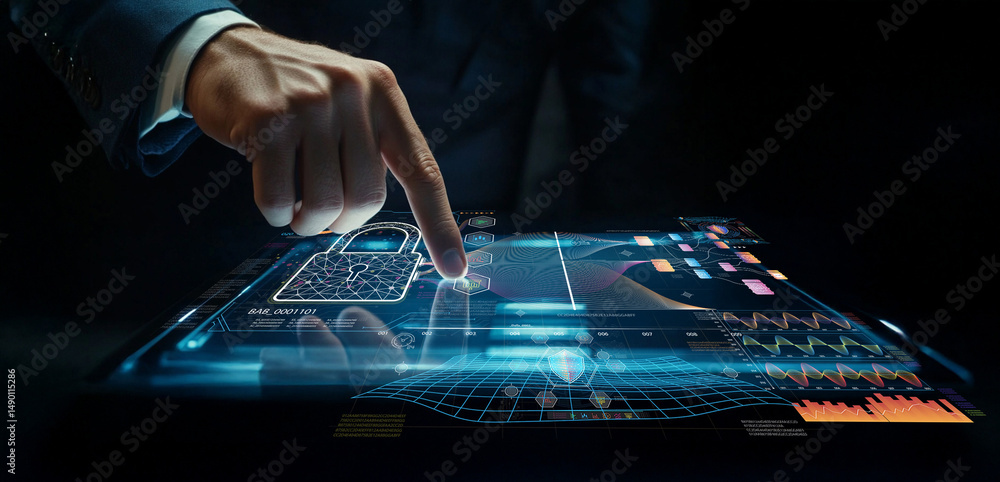 Fototapeta premium Futuristic Businessman Interacting with Holographic Data Security Interface on Touchscreen Display in Dark Environment