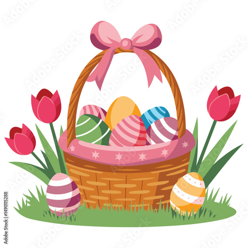 Easter basket with eggs tulips isolated vector illustration on white background