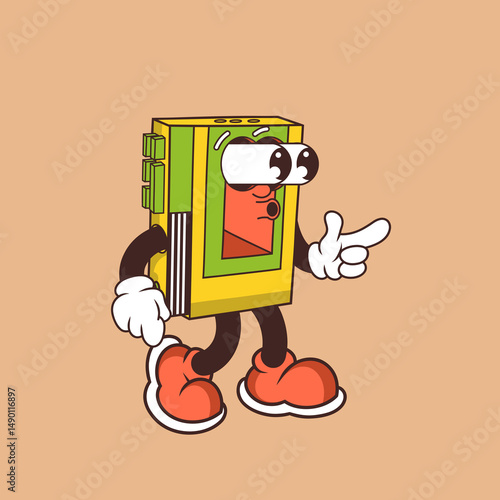 Retro character design of portable cassette player suprised