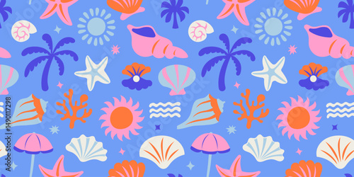 Vector seamless pattern with hand drawn elements, sea, ocean and vacation vibe, abstract cartoon background for textile, wallpaper, stationery, decorative gift paper, banners and prints