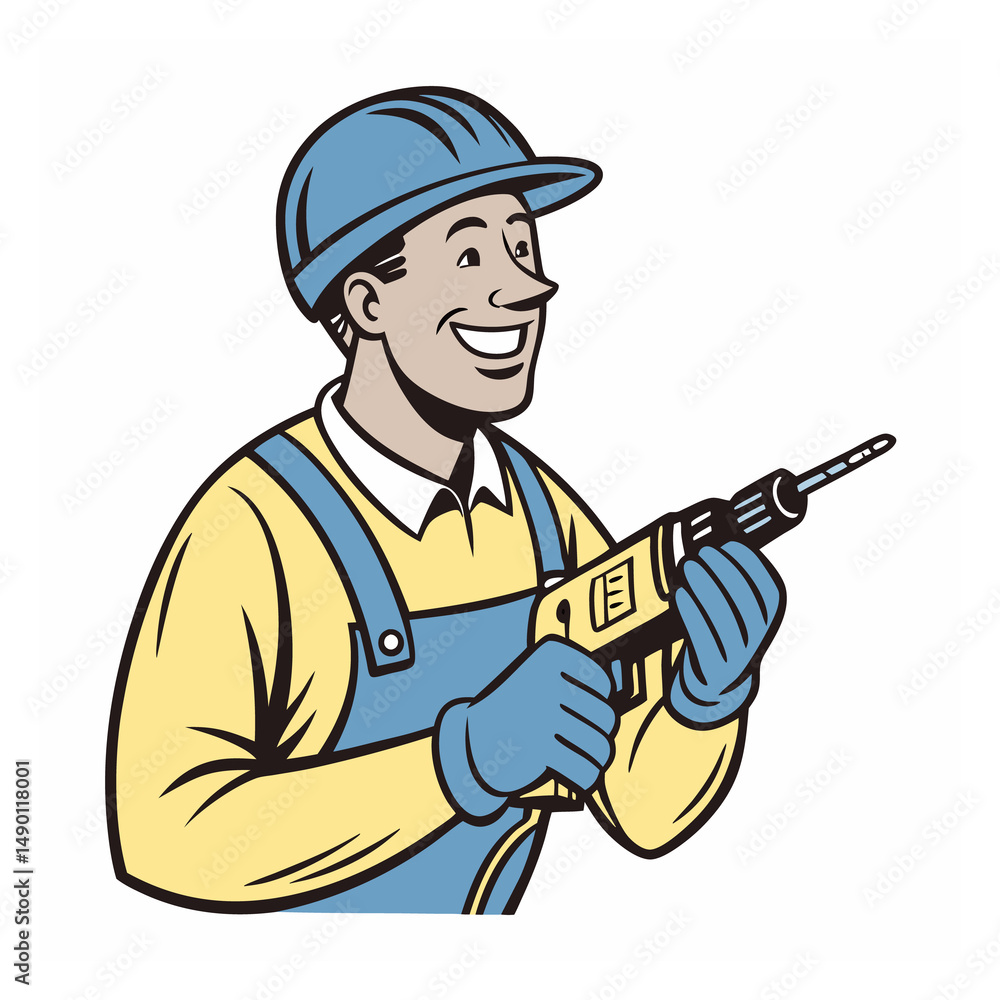 A Cartoon Construction Worker Ready with Corded Drill Tool A Cartoon Construction Worker Ready with Corded Drill Tool